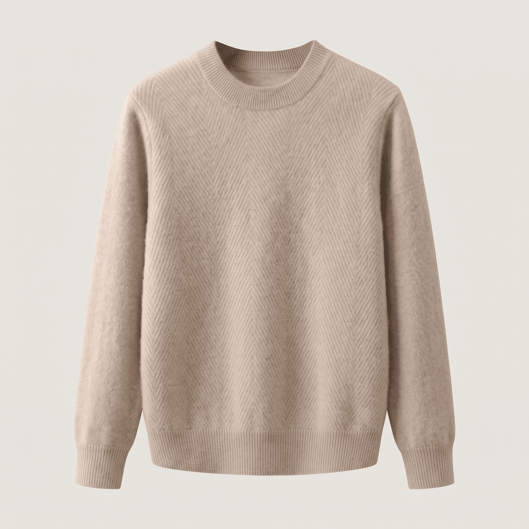 Light beige crewneck sweater with textured chevron knit and ribbed cuffs