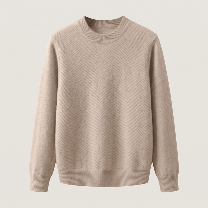 Light beige crewneck sweater with textured chevron knit and ribbed cuffs