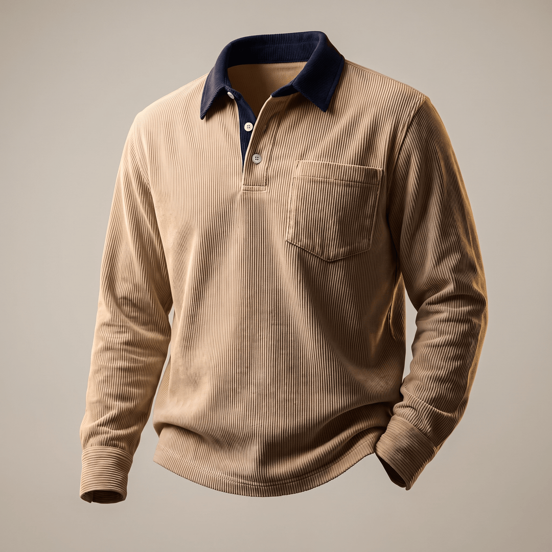 Khaki corduroy polo shirt with long sleeves, navy contrast collar, and chest pocket