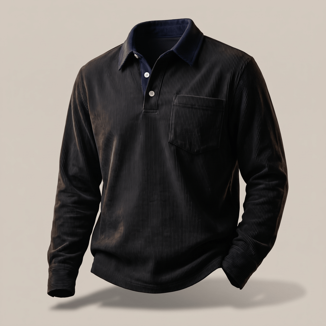 Black corduroy polo shirt with long sleeves, dark contrast collar, and chest pocket