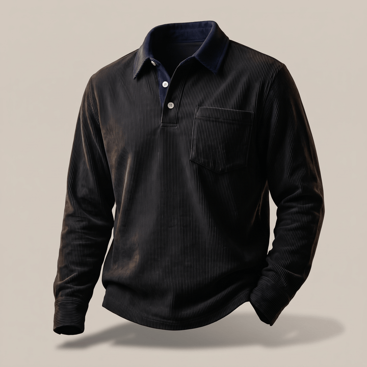 Black corduroy polo shirt with long sleeves, dark contrast collar, and chest pocket