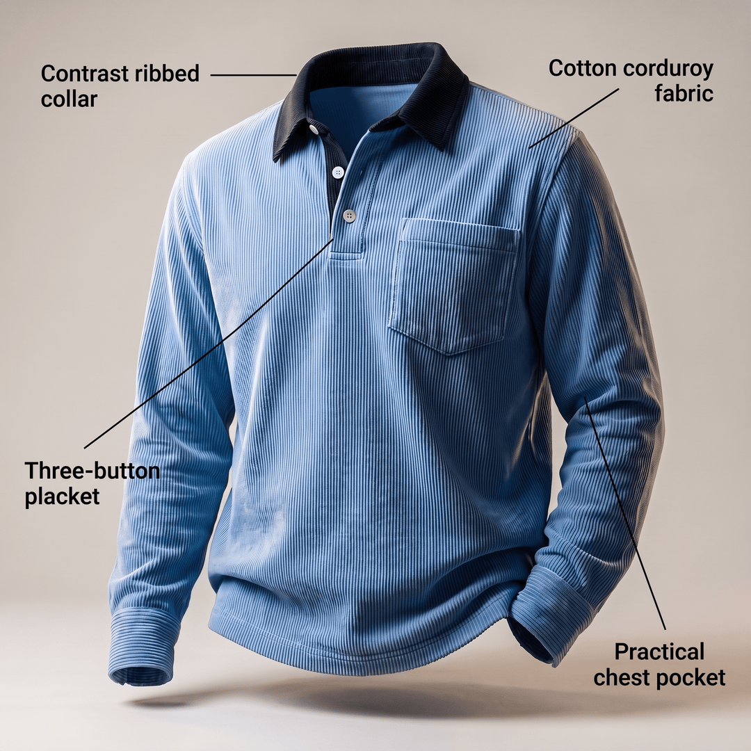 Blue corduroy polo shirt with ribbed contrast collar, three-button placket, chest pocket