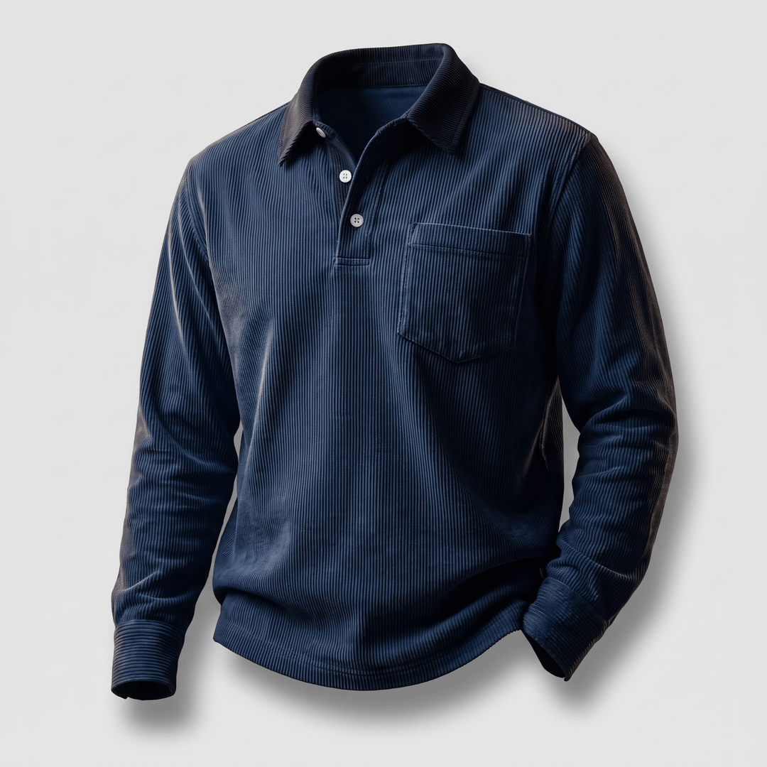 Navy corduroy polo shirt with long sleeves, contrast collar, and chest pocket