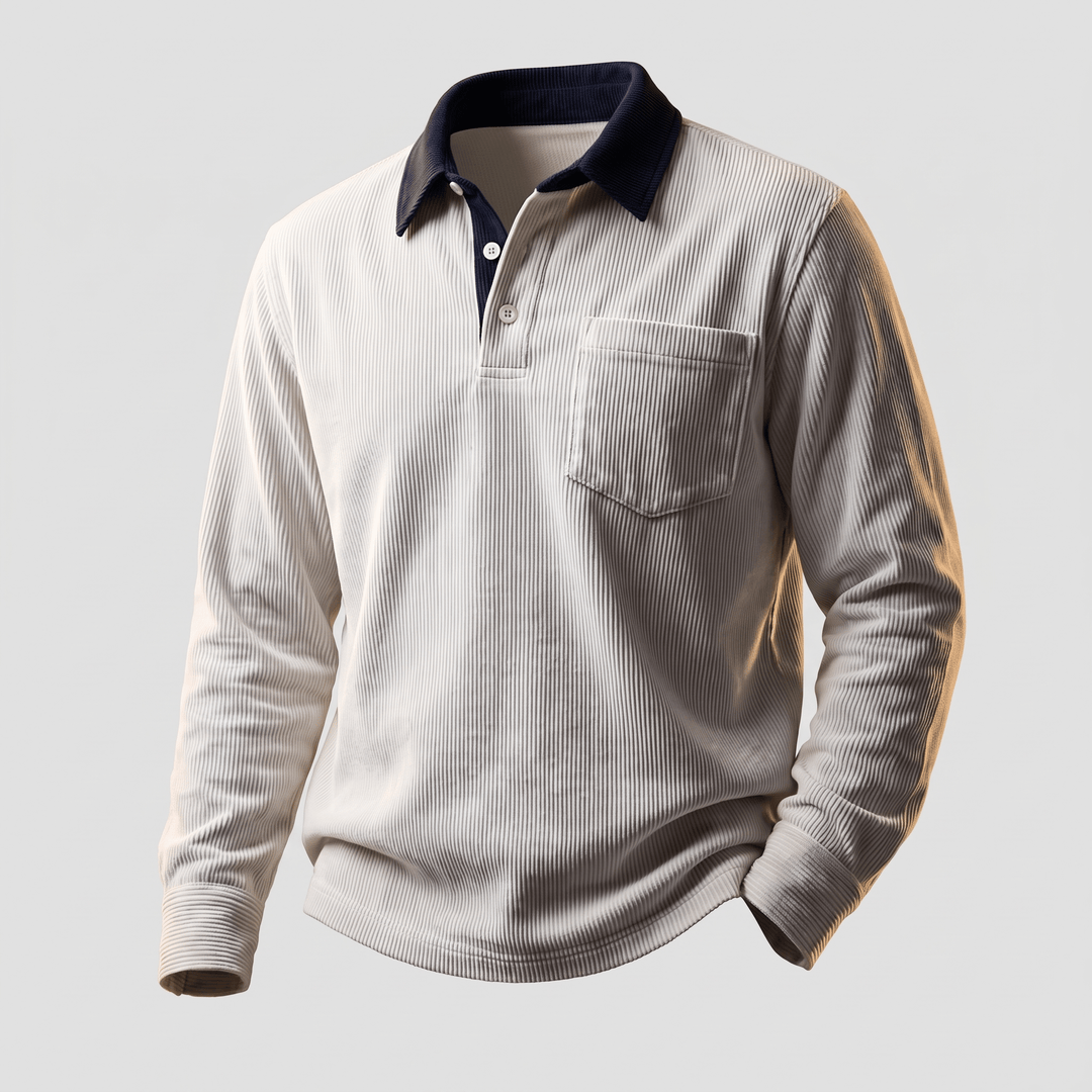 Cream corduroy polo shirt with long sleeves, navy contrast collar, and chest pocket