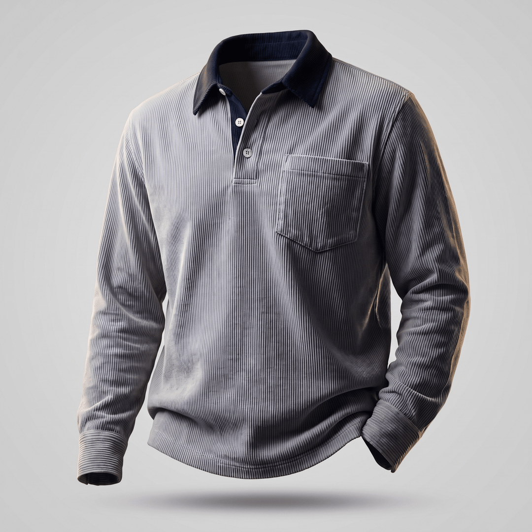 Light gray corduroy polo shirt with long sleeves, navy contrast collar, and chest pocket