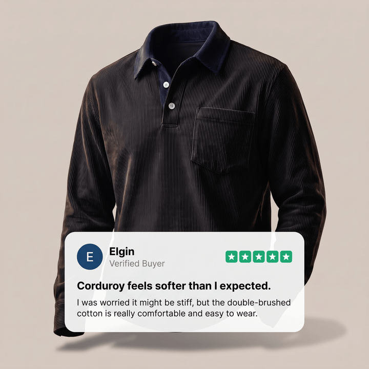 ROWLEY corduroy polo shirt in dark navy blue, button placket, point collar, chest pocket