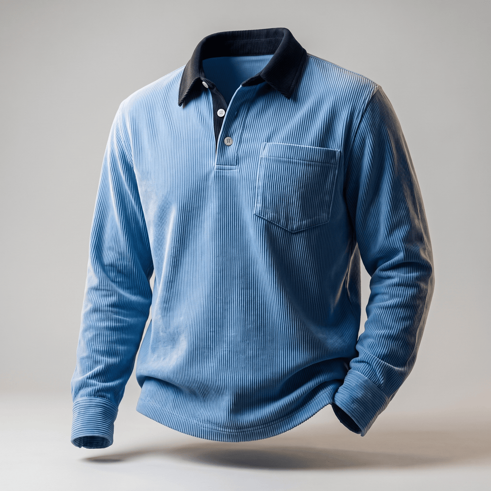 Blue corduroy polo shirt with long sleeves, dark contrast collar, and chest pocket