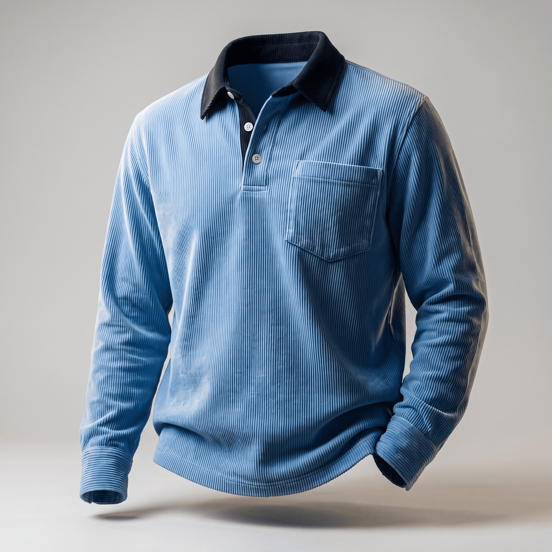 Blue corduroy polo shirt with long sleeves, dark contrast collar, and chest pocket