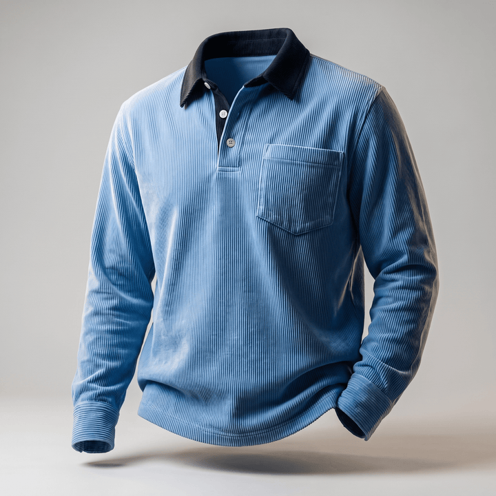 Blue corduroy polo shirt with long sleeves, dark contrast collar, and chest pocket