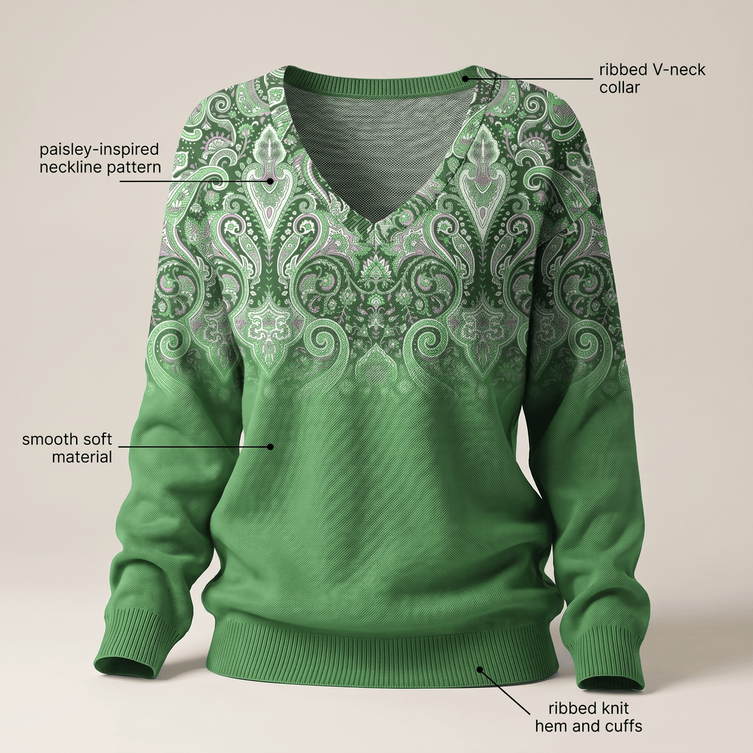 Green paisley print cosy casual sweater with ribbed V-neck collar and ribbed knit hem