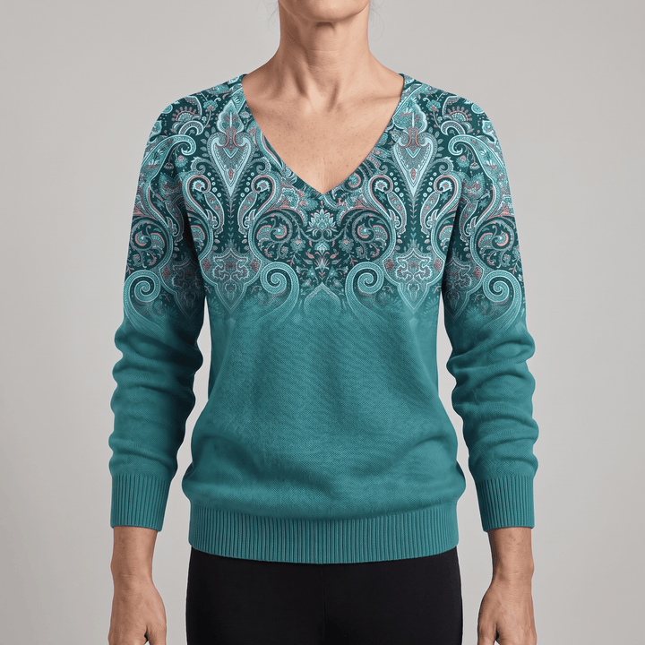 Teal paisley print cosy casual sweater with V-neck and ribbed knit cuffs and hem