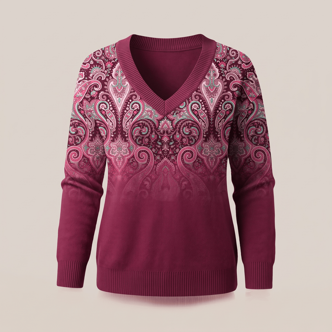Plum paisley print V-neck cosy casual sweater with ribbed cuffs and ribbed hem