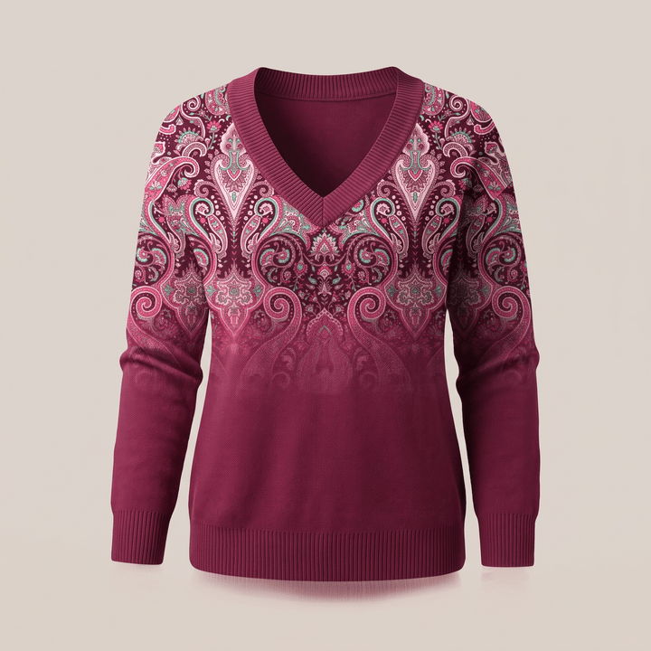 Plum paisley print V-neck cosy casual sweater with ribbed cuffs and ribbed hem