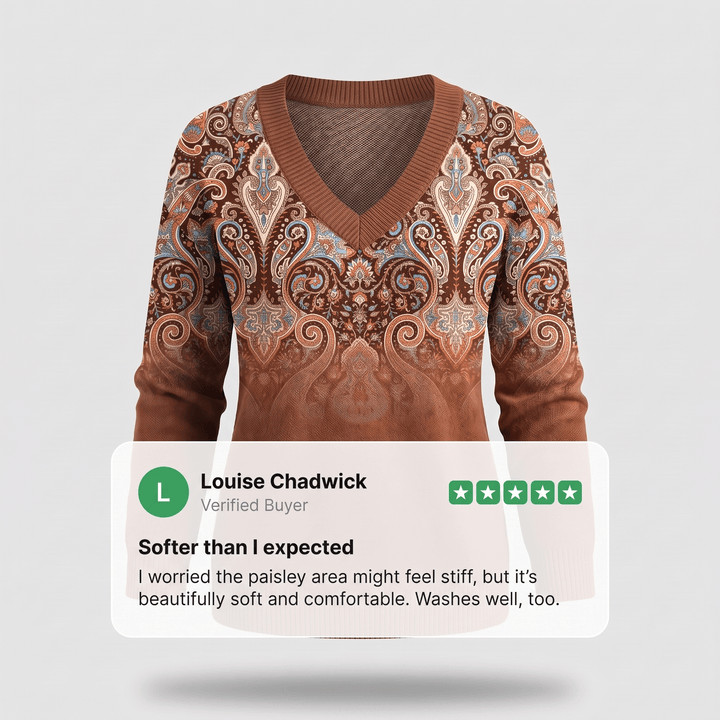Brown paisley print V-neck cosy casual sweater, ribbed cuffs and ribbed hem