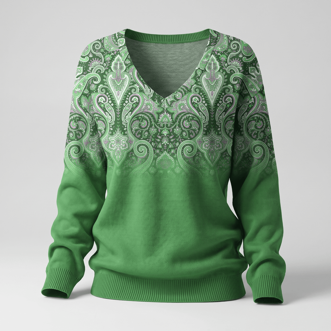 Green paisley print V-neck cosy casual sweater with ribbed cuffs and ribbed hem