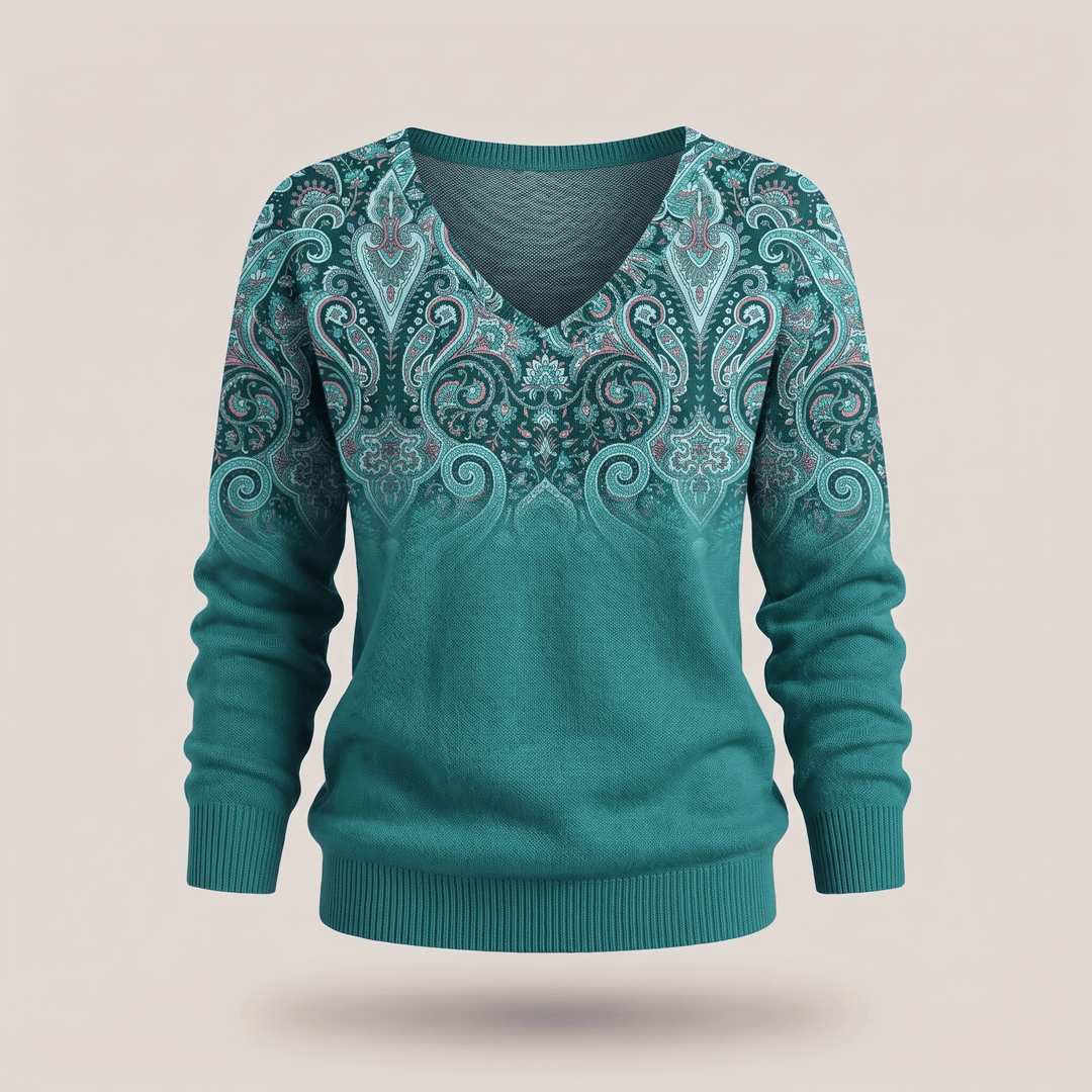 Teal paisley print V-neck cosy casual sweater with ribbed cuffs and ribbed hem