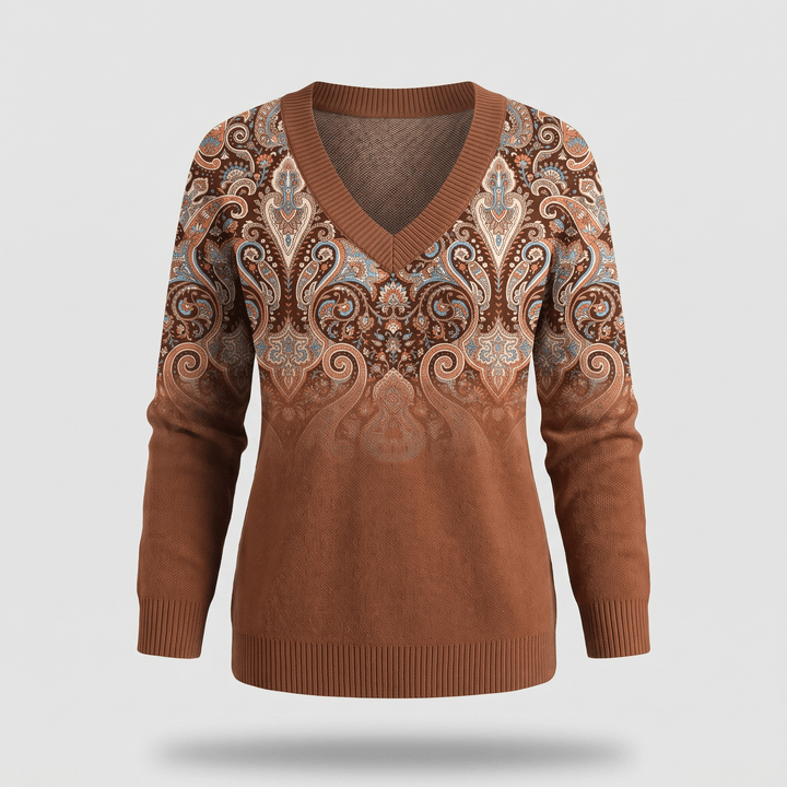 Brown paisley print cosy casual sweater with V-neck and ribbed knit cuffs and hem