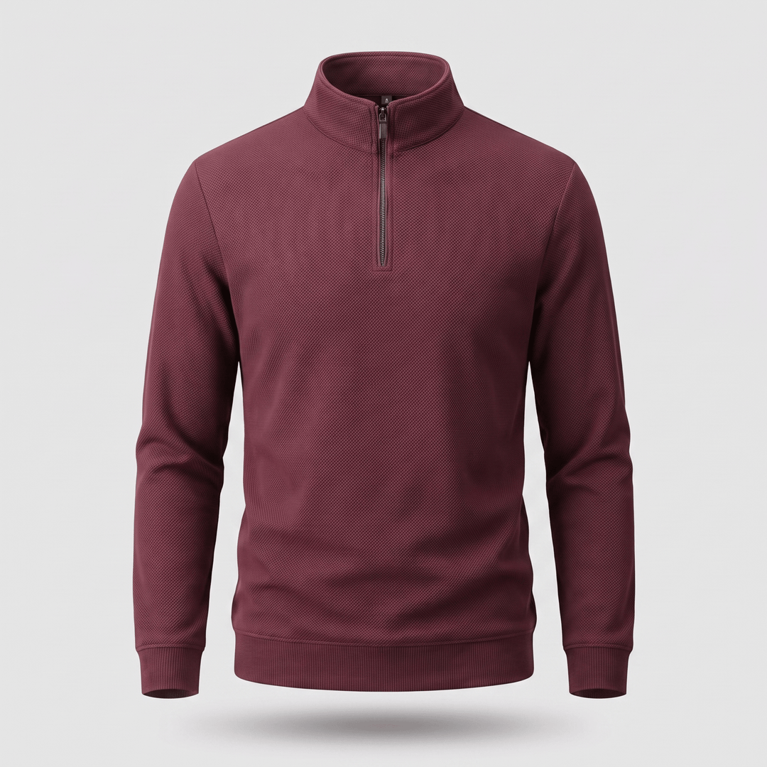 TAVREN quarter-zip pullover in burgundy with quarter zip and ribbed cuffs