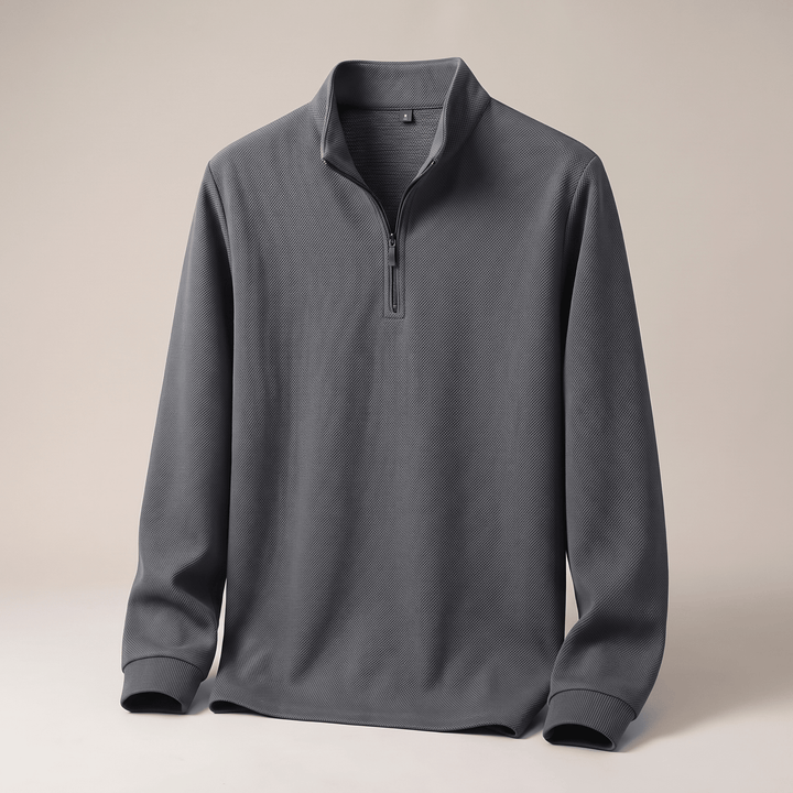 TAVREN quarter-zip pullover in dark gray with ribbed cuffs and clean half-placket