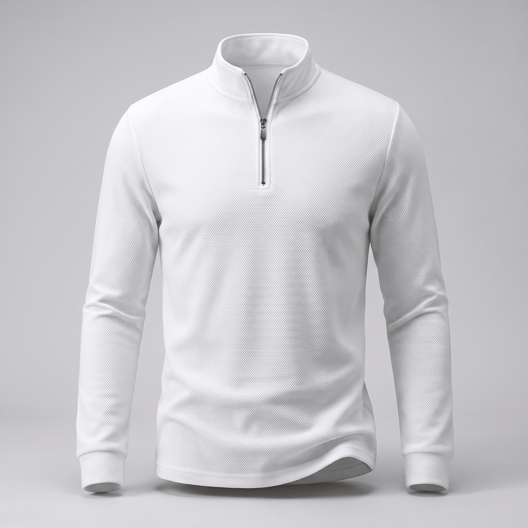TAVREN quarter-zip pullover in white with zip neck and ribbed cuffs