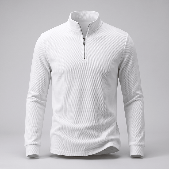 TAVREN quarter-zip pullover in white with zip neck and ribbed cuffs