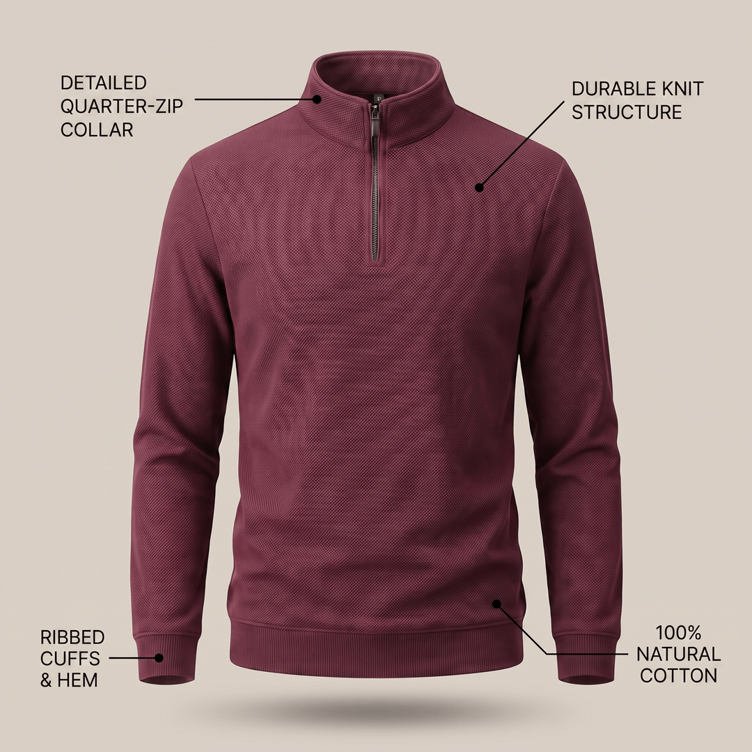TAVREN quarter-zip pullover in burgundy with ribbed cuffs and hem detailing