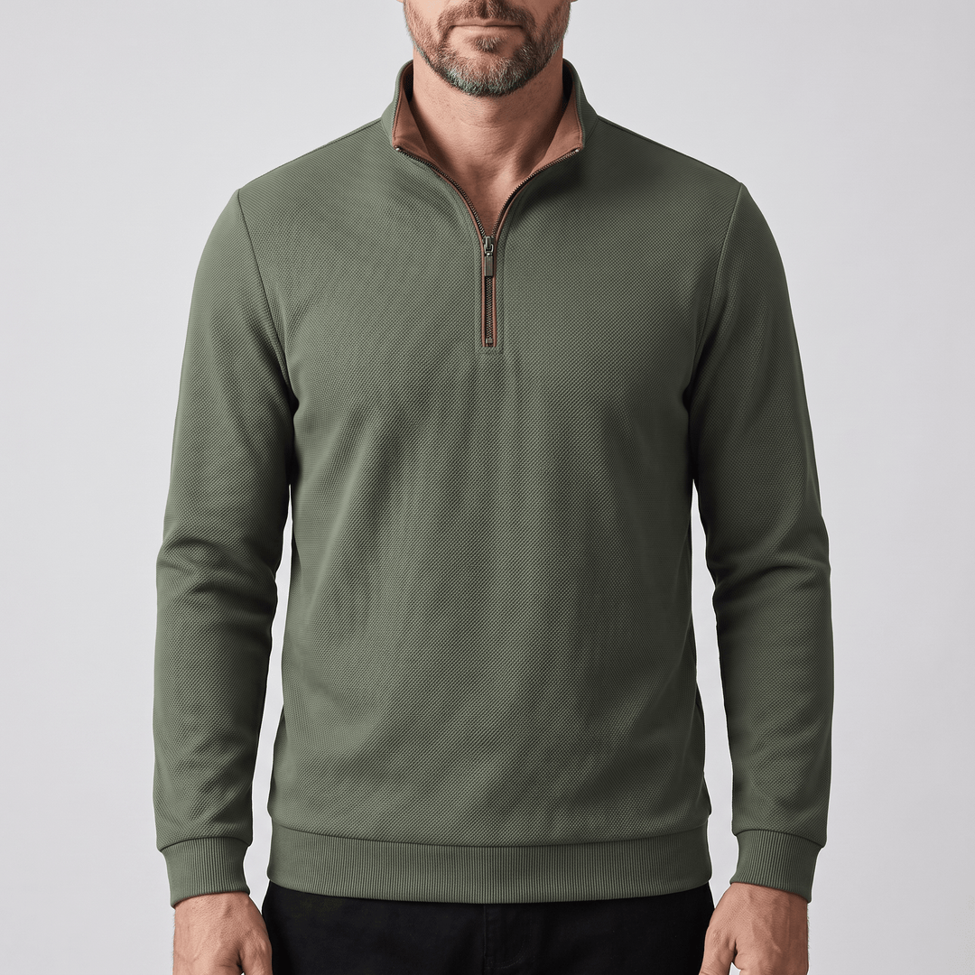 TAVREN quarter-zip pullover in olive green with ribbed cuffs and straight hem