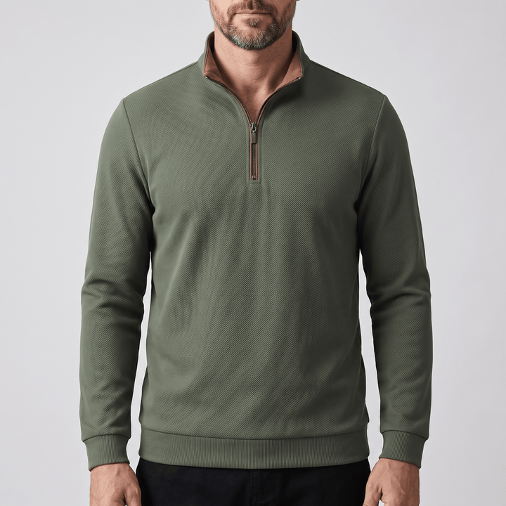 TAVREN quarter-zip pullover in olive green with ribbed cuffs and straight hem