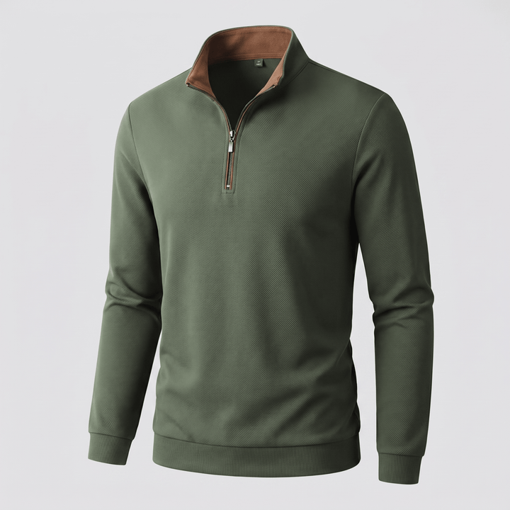 TAVREN quarter-zip pullover in olive green with stand collar and visible zipper