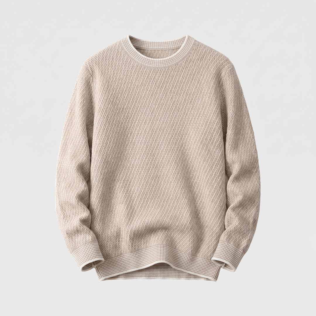 THEO cashmere sweater, crew neck, camel-beige, relaxed fit, ribbed cuffs and hem