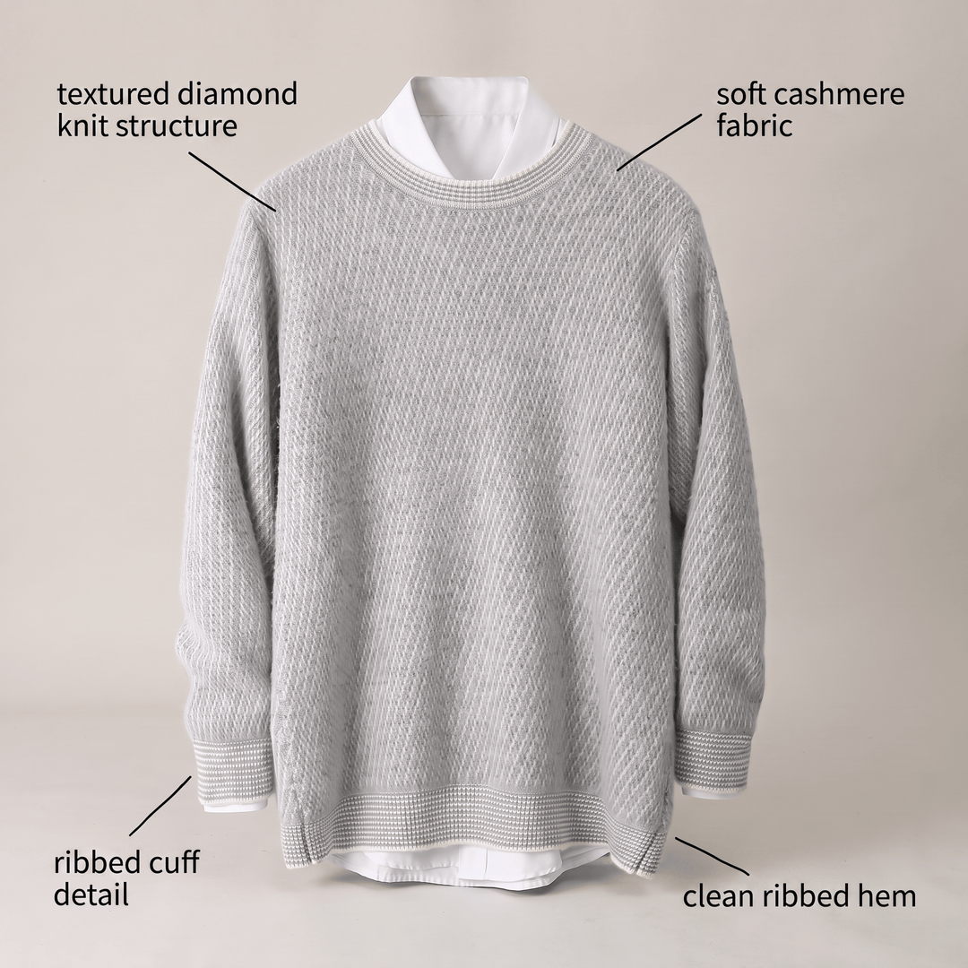 THEO cashmere sweater, crew neck, heather grey diamond-texture knit, ribbed hem