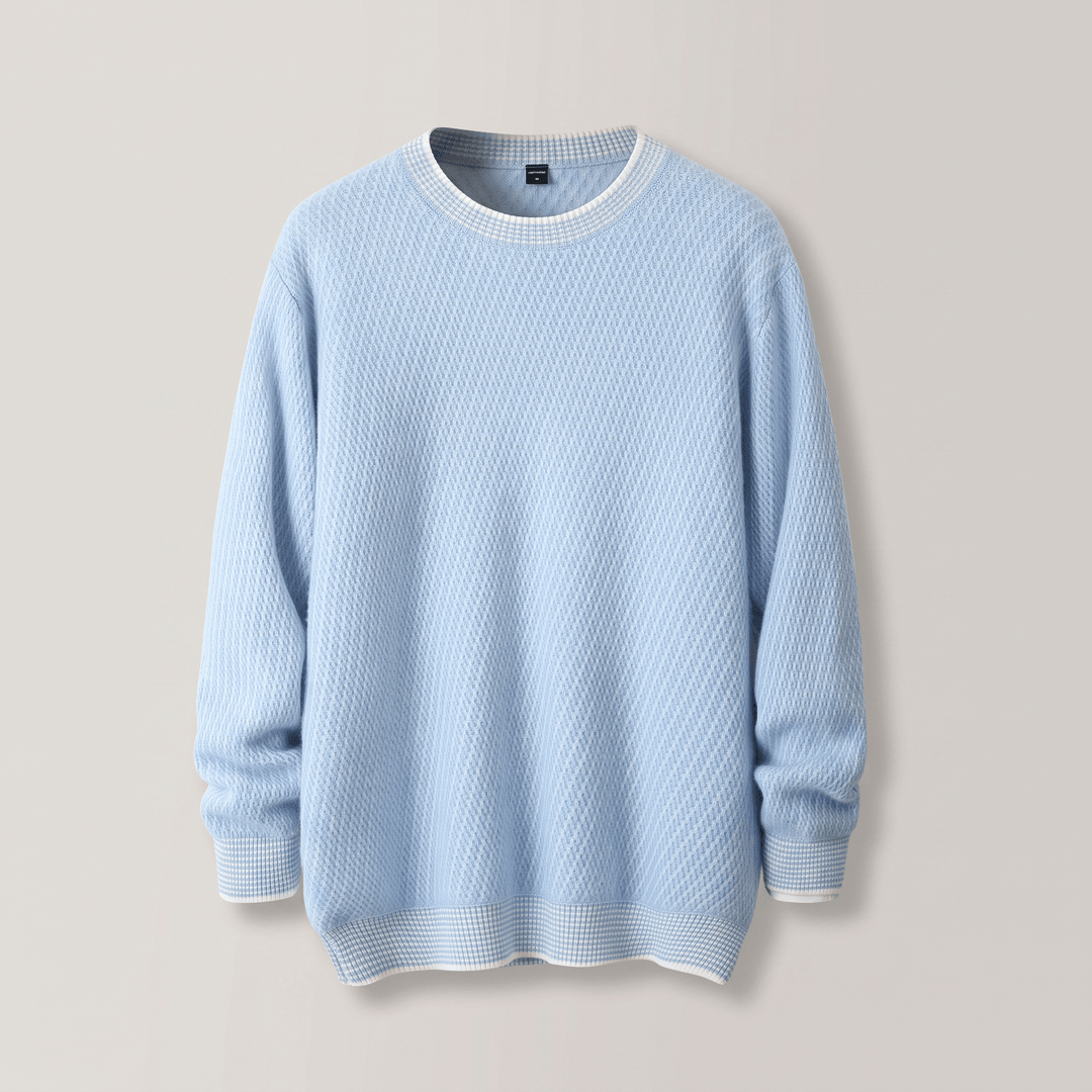 THEO cashmere sweater, crew neck, light blue, ribbed cuffs and ribbed hem