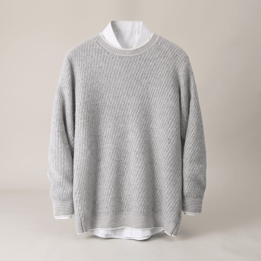 THEO cashmere sweater, crew neck, heather grey, ribbed cuffs and ribbed hem