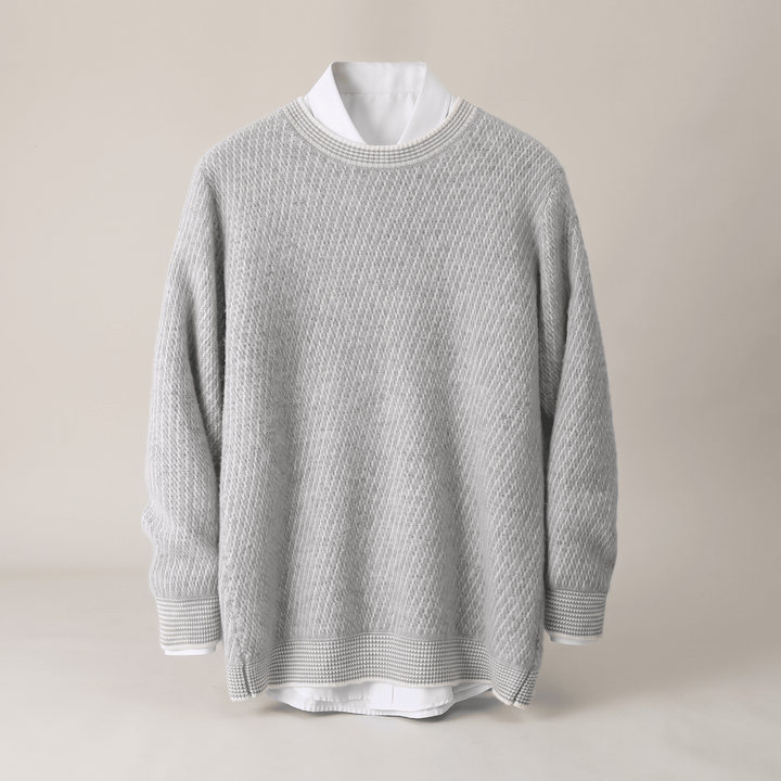 THEO cashmere sweater, crew neck, heather grey, ribbed cuffs and ribbed hem