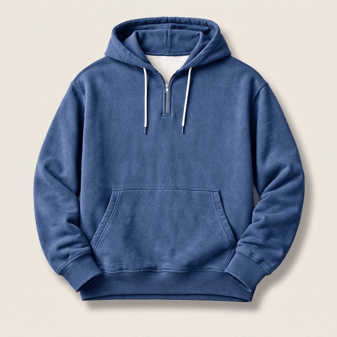 Medium blue quarter-zip hoodie with drawstring hood, kangaroo pocket, rib-knit cuffs
