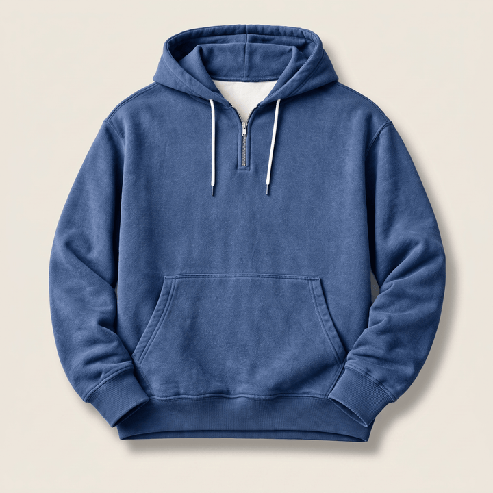 Medium blue quarter-zip hoodie with drawstring hood, kangaroo pocket, rib-knit cuffs