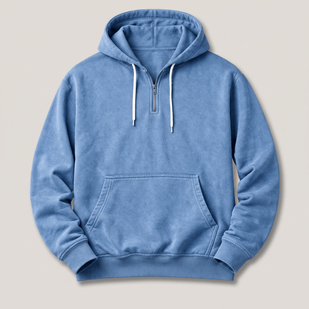 Blue quarter-zip hoodie with drawstring hood, front kangaroo pocket, rib-knit cuffs