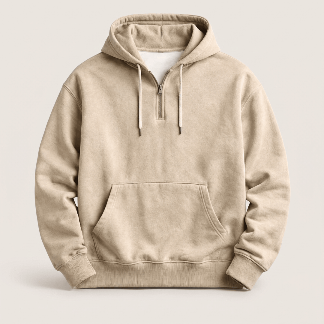 Beige quarter-zip hoodie, drawstring hood with zip placket, kangaroo pocket, rib-knit hem
