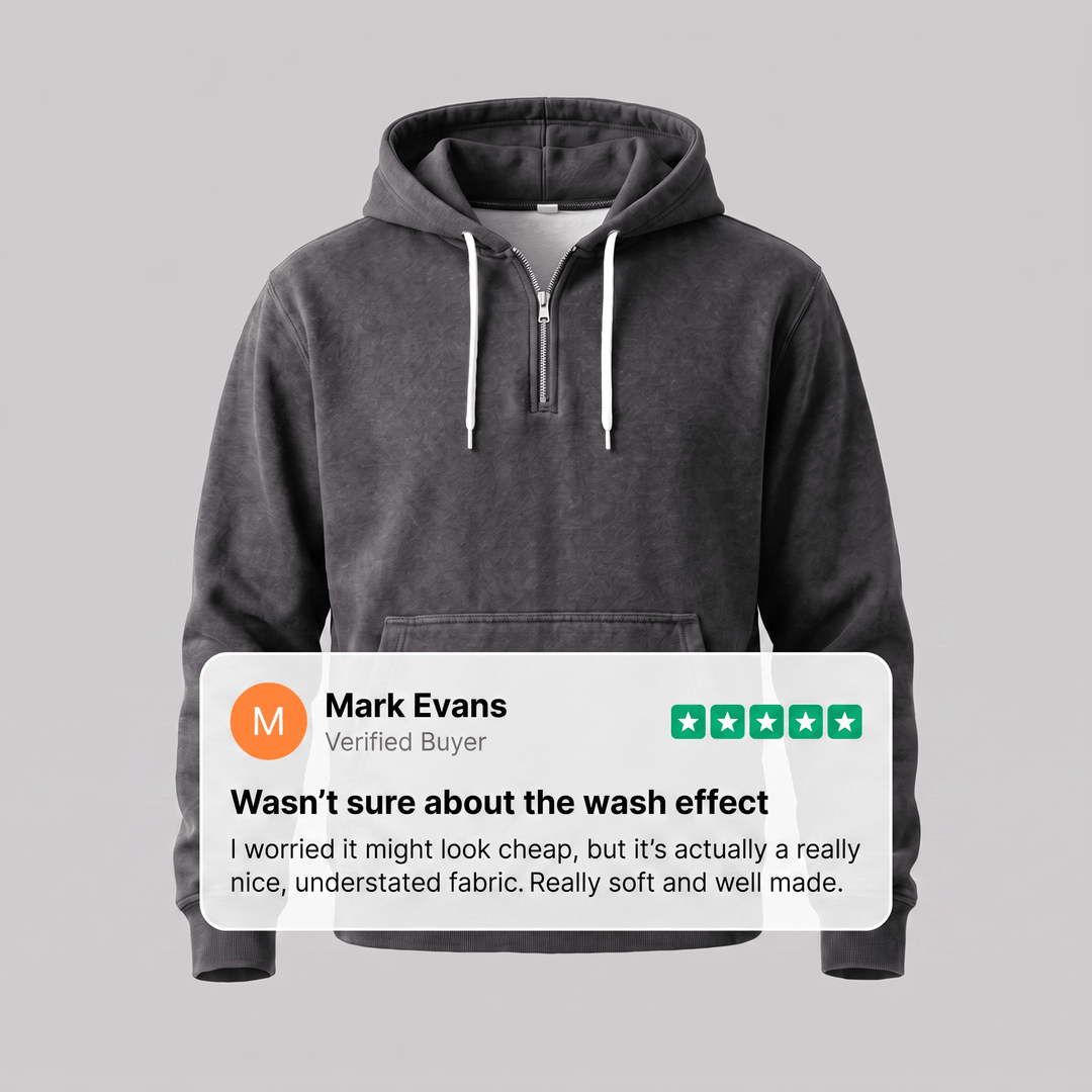 Dark grey quarter-zip hoodie with drawstring hood and front kangaroo pocket