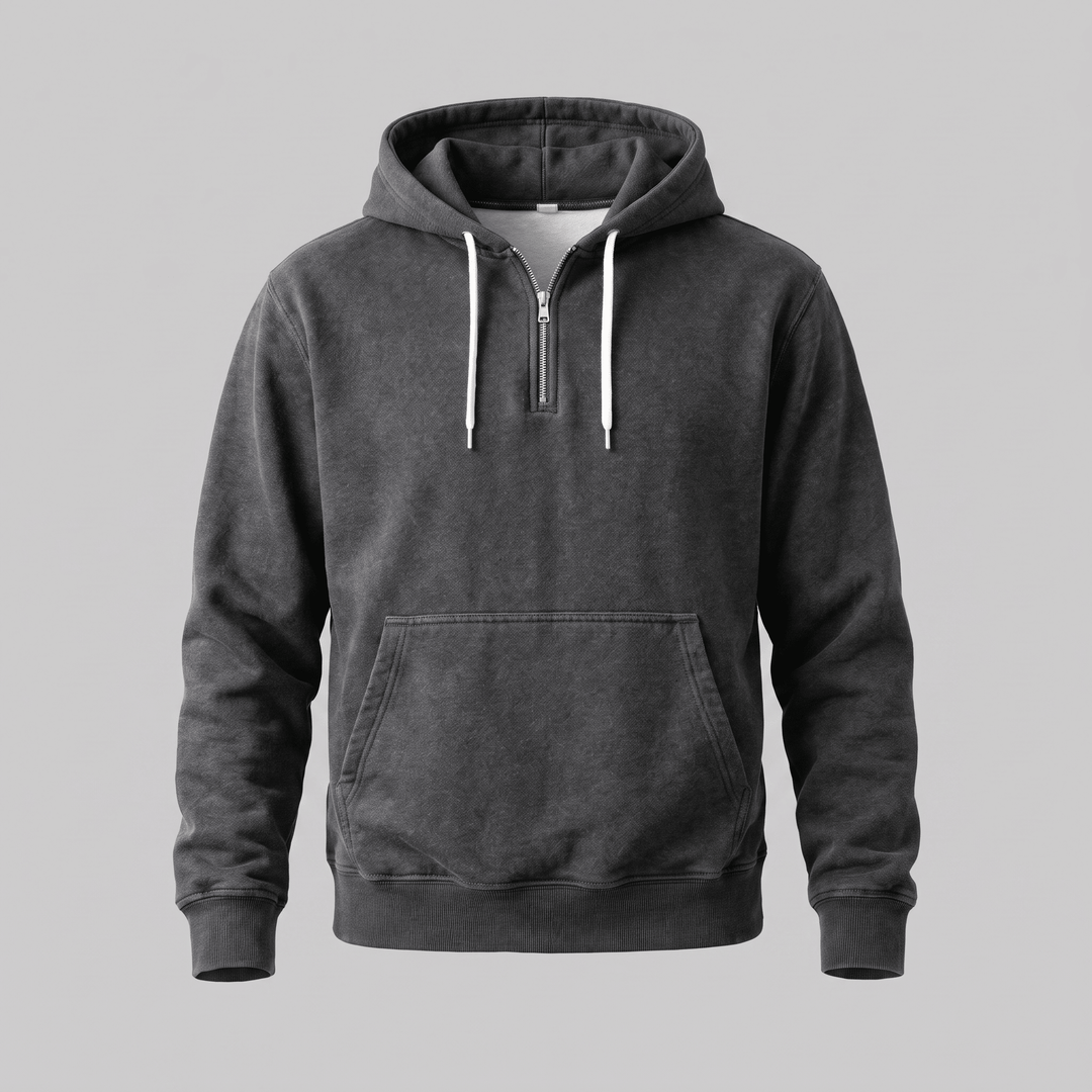Charcoal grey quarter-zip hoodie with drawstring hood and front kangaroo pocket