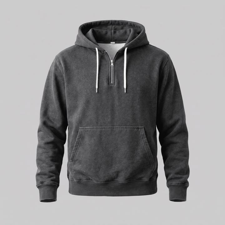 Charcoal grey quarter-zip hoodie with drawstring hood and front kangaroo pocket