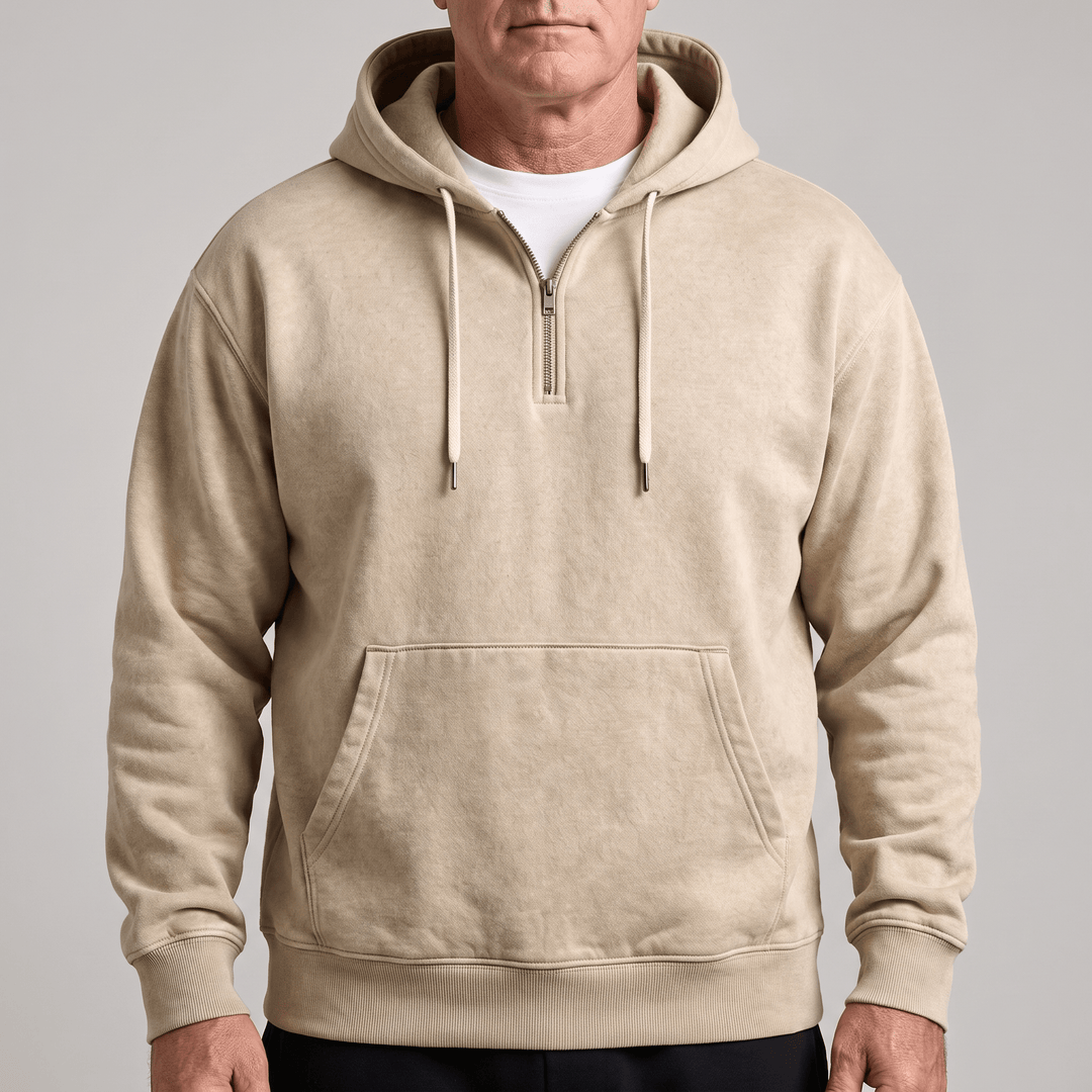 Beige quarter-zip hoodie with drawstring hood, kangaroo pocket, rib-knit cuffs and hem