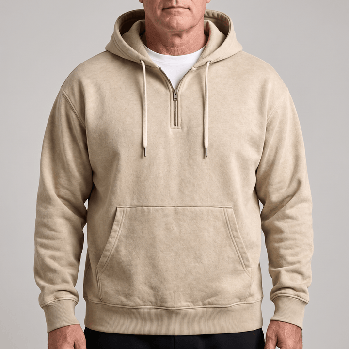 Beige quarter-zip hoodie with drawstring hood, kangaroo pocket, rib-knit cuffs and hem