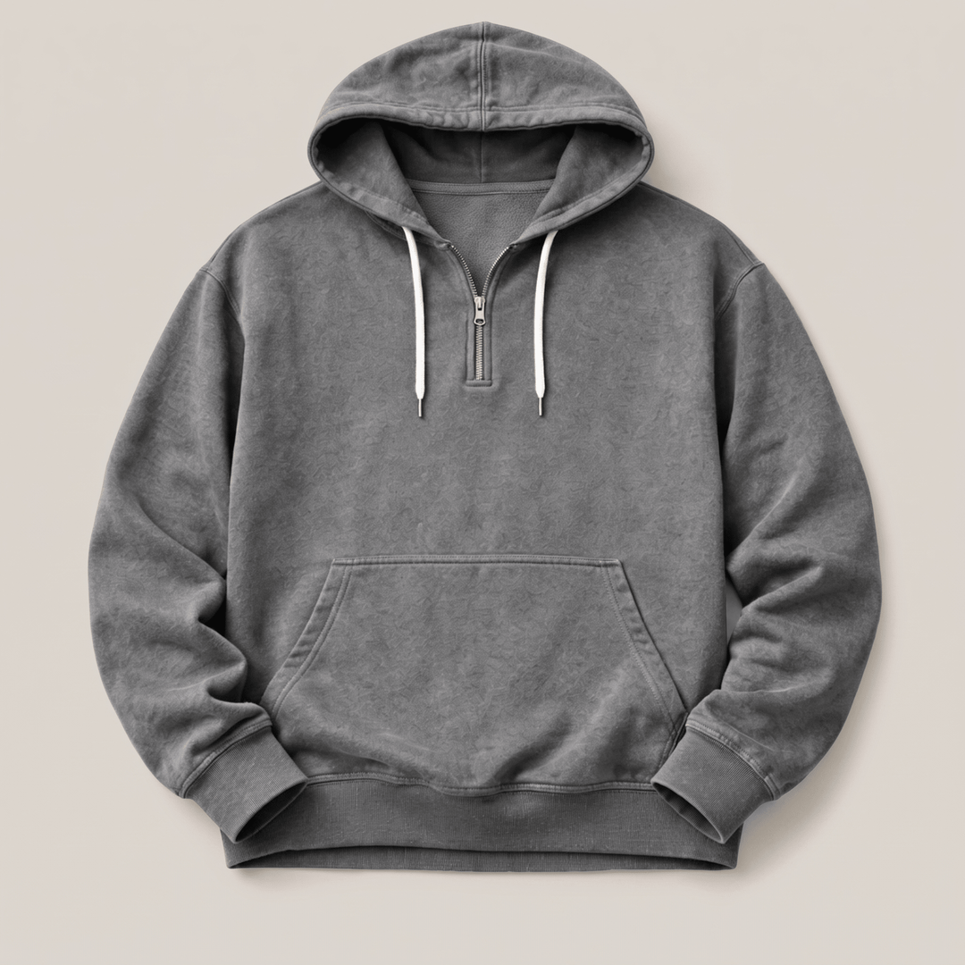 Grey quarter-zip hoodie with drawstring hood, front kangaroo pocket, rib-knit cuffs and hem