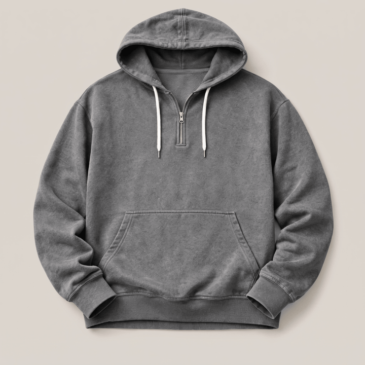 Grey quarter-zip hoodie with drawstring hood, front kangaroo pocket, rib-knit cuffs and hem