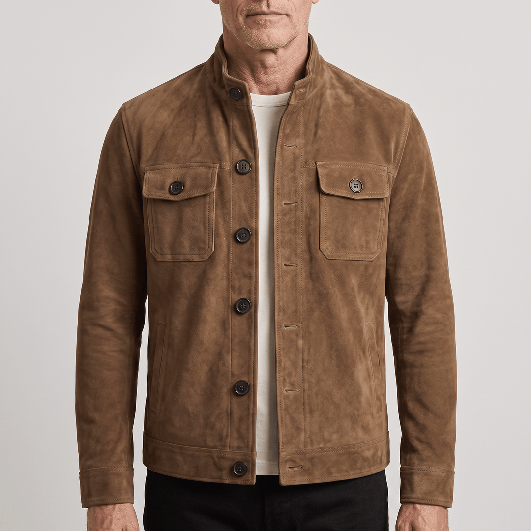 Men's brown suede layer jacket with stand collar, button front, and chest flap pockets