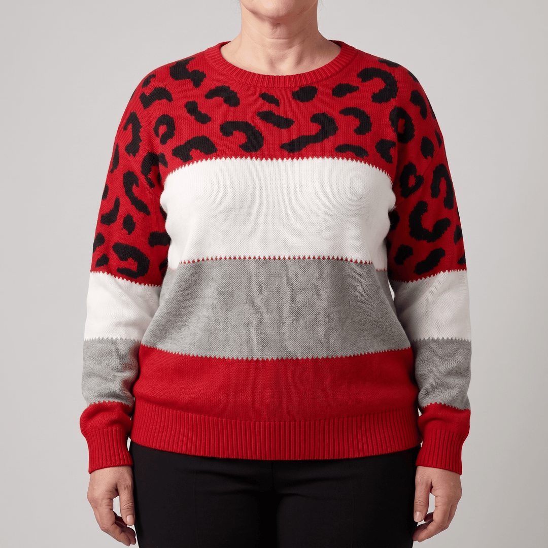 Leopard print color-block sweater in red, black, and grey with crew neck