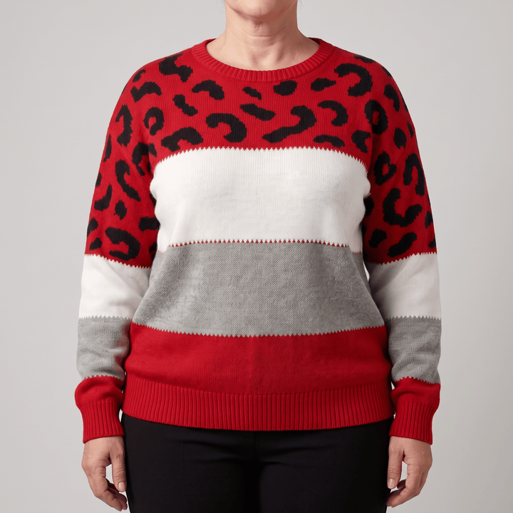 Leopard print color-block sweater in red, black, and grey with crew neck