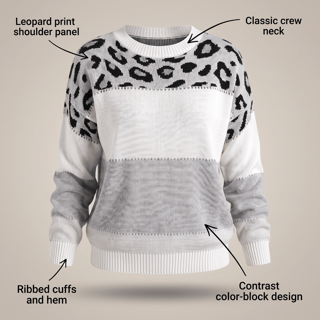 Leopard print color-block sweater with ribbed crew neck and contrasting color blocks