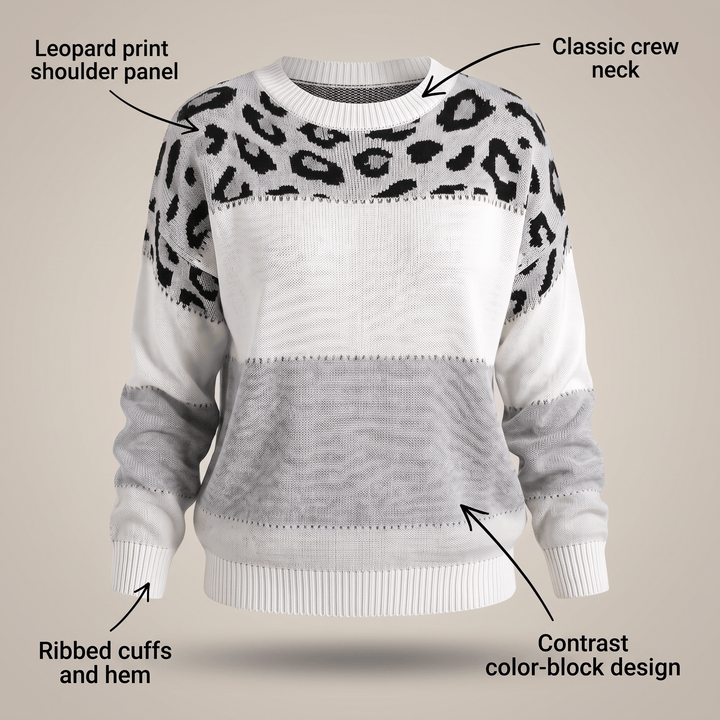 Leopard print color-block sweater with ribbed crew neck and contrasting color blocks